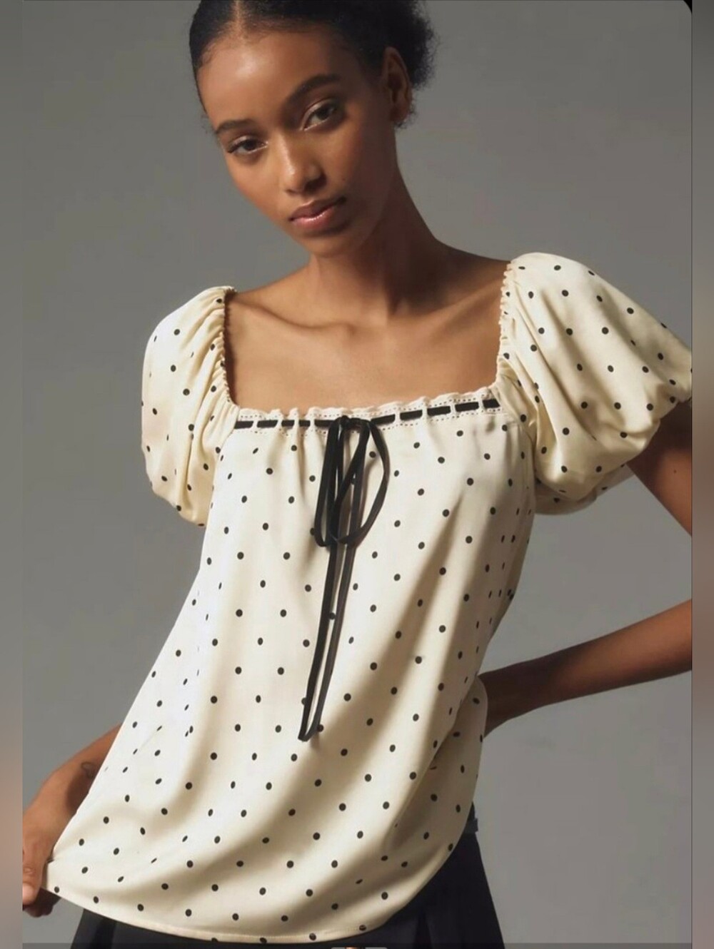 Maeve Anthropologie Satin Puff Sleeve Ribbon Polka Dot Square Neck Blouse Lrg
